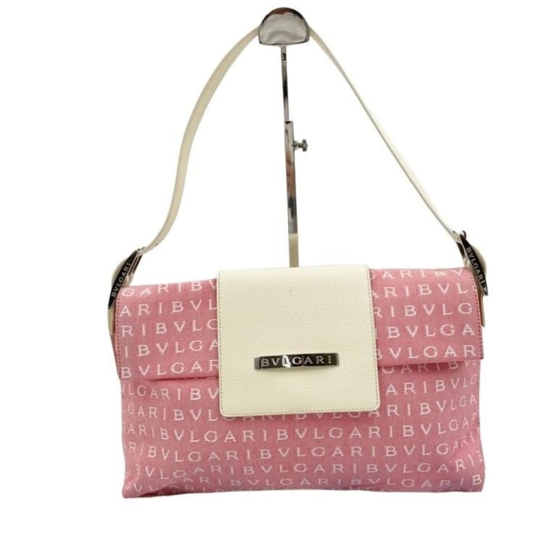 BVLGARI MAELEA Shoulder Bag, Pink and White Canvas Leather, Women's
