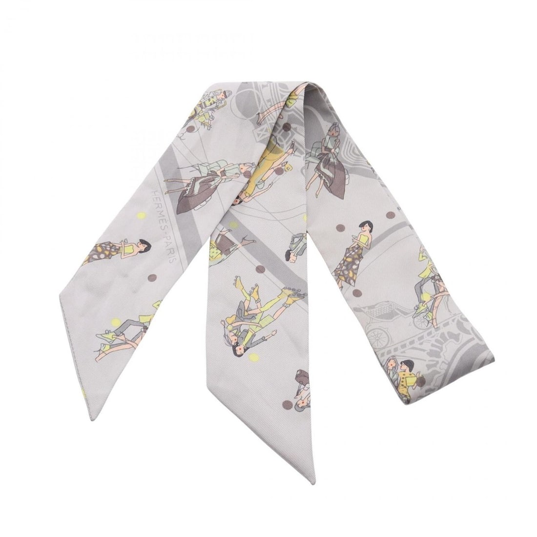 Hermes Twilly EX-LIBRIS LES PARISIENNE Ribbon Scarf Muffler Silk Women's Gray Yellow Multicolor: --- Catalog ---Category: SizeSize (LxW): 85cm x 5cm / 33.46'' x 1.96''Category: DesignType: ScarfColor: Gray, Multi-color, YellowGender: WomenMaterial: Silk Category: GeneralBrand: Hermes--- Item List