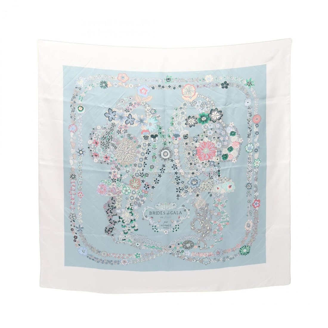 Hermes Carre 90 BRIDES de GALA en fleurs Scarf Muffler Silk Women's Blue White Multicolor: --- Catalog ---Category: SizeSize (LxW): 89cm x 89cm / 35.03'' x 35.03''Category: DesignType: ScarfColor: Blue, Multi-color, WhiteGender: WomenMaterial: Silk Category: GeneralBrand: Hermes--- Item Lis