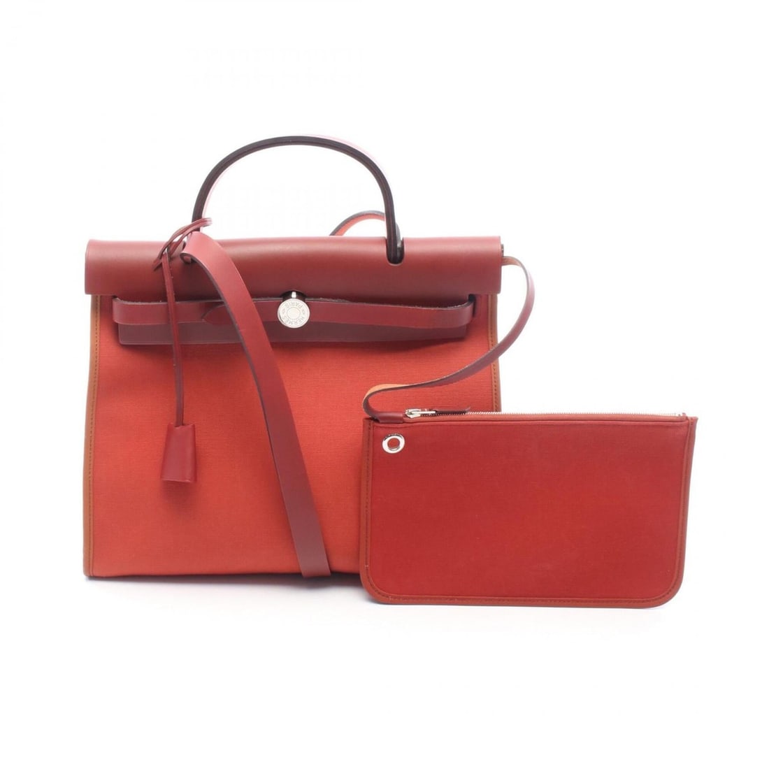 Hermes Herbag Zip PM 2-Way Handbag, Canvas Leather Toile Officier Vache Hunter, Women's, Red (Rouge (1 of 10)