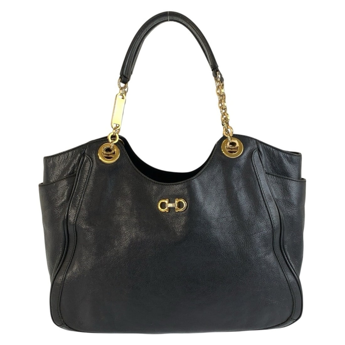 Salvatore Ferragamo Gancini Black Leather Tote Bag/Shoulder Bag (AB-21 B974) with Gold Hardware -