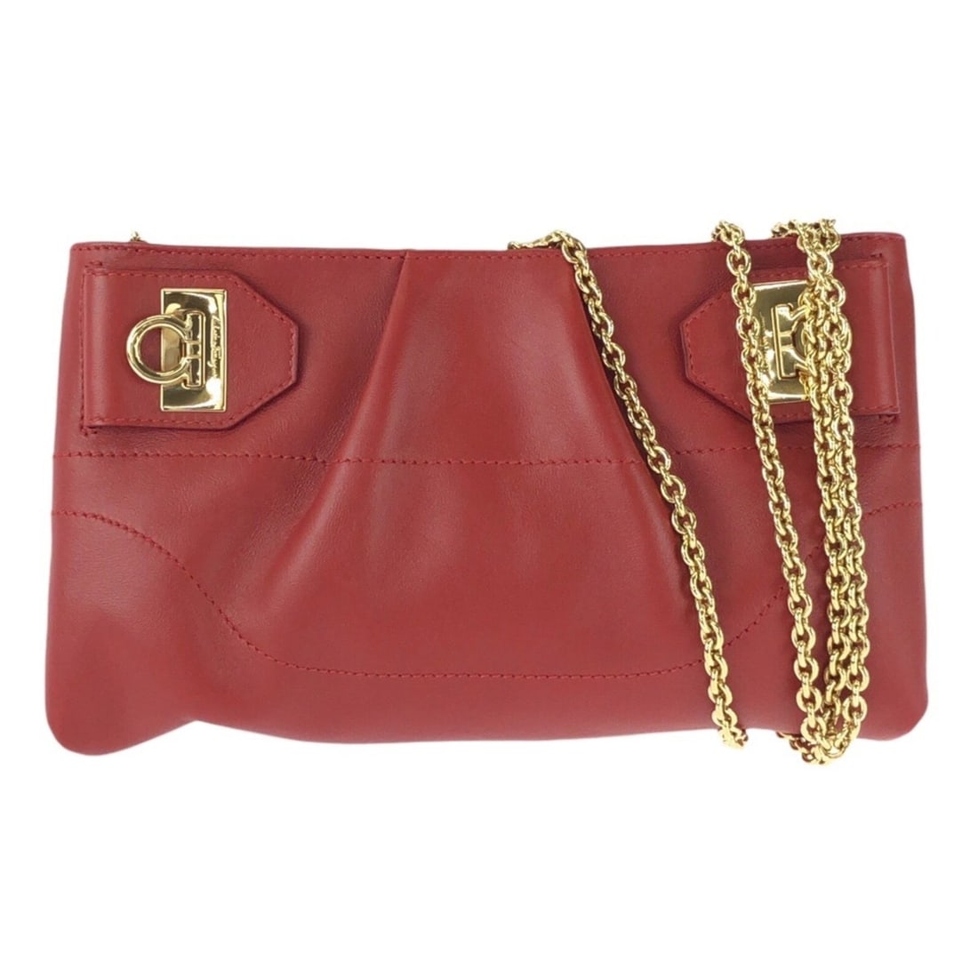Salvatore Ferragamo Gancini 2-way Red Leather Chain Shoulder Bag/Clutch Bag (AU-22 B588) - with Gold: --- Catalog ---Category: SizeSize (HxWxD): 12cm x 21cm x 4cm / 4.72'' x 8.26'' x 1.57''Category: DesignType: Clutch bag, Shoulder bagColor: Red colorGender: WomenMaterial: Leather Category: GeneralMPN