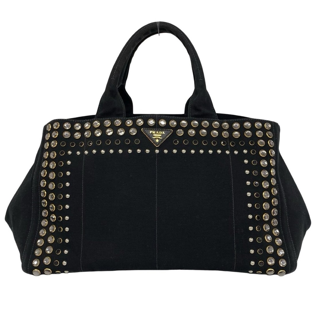 PRADA Canapa Triangle Logo Hardware Canvas Saffiano Leather Studded Tote Bag Handbag Black 72649: --- Catalog ---Category: SizeSize (HxWxD): 23.5cm x 42cm x 24.5cm / 9.25'' x 16.53'' x 9.64''Category: DesignType: Handbag, Tote bagGender: WomenMaterial: Canvas Category: GeneralBrand: Prada--- Item 
