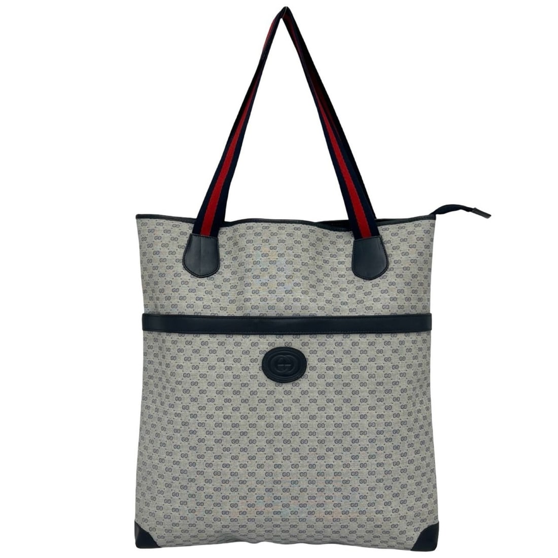 GUCCI Vintage Sherry Line Micro GG Logo Leather Tote Bag Semi-Shoulder Navy Blue 25920: --- Catalog ---Category: SizeSize (HxWxD): 43cm x 38cm x 7.5cm / 16.92'' x 14.96'' x 2.95''Category: DesignType: Shoulder bag, Tote bagColor: Navy, Red colorGender: WomenMaterial: Leather , PVC Catego