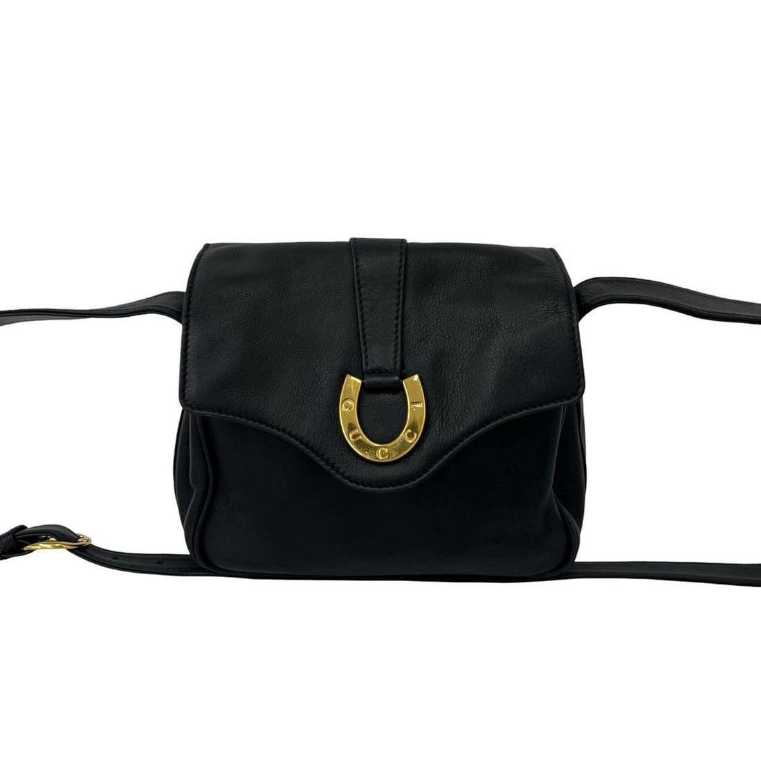GUCCI Vintage Old Gucci Horseshoe Logo Hardware Leather Shoulder Bag Pouch Black 33512