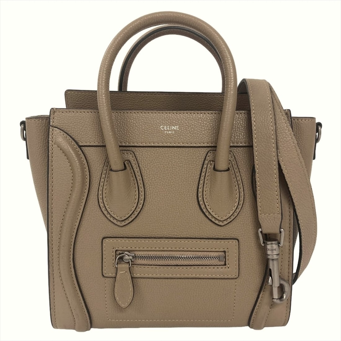Celine Luggage Nano 2-Way Handbag, Calfskin, 189243DRU.09SO, Silver Hardware, Greige, Women's.: --- Catalog ---Category: SizeSize (HxWxD): 19cm x 20cm x 10cm / 7.48'' x 7.87'' x 3.93''Category: DesignType: HandbagColor: GrayishGender: WomenMaterial: Leather Leather/Fur Type: CalfskinCategory: Ge