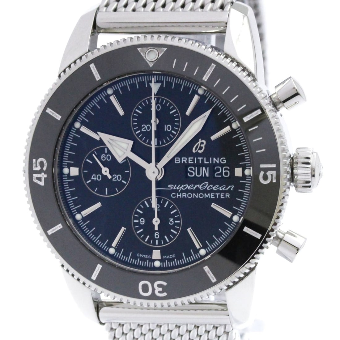BREITLING Superocean Heritage II Chronograph Steel Automatic Watch A13313 Polished: --- Catalog ---Category: SizeCase Diameter: 44mm / 1.73''Category: DesignType: WristwatchStyle: SportGender: MenColor (Dial): BlackMaterial (Band): Stainless steelMaterial (Case): Stainless steelCateg