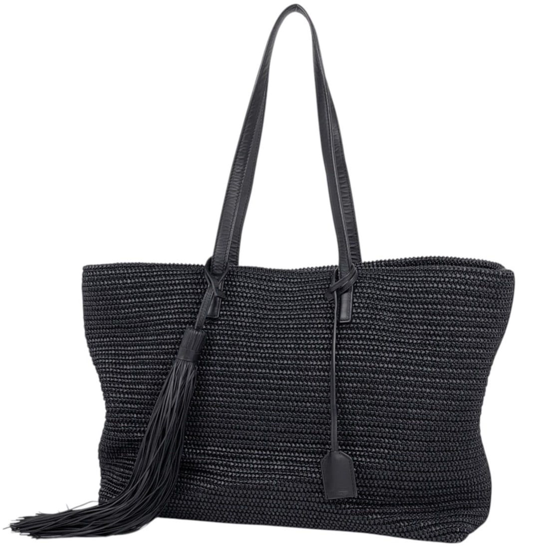 Saint Laurent tote bag, raffia, straw, fringe, fabric, black, women's.