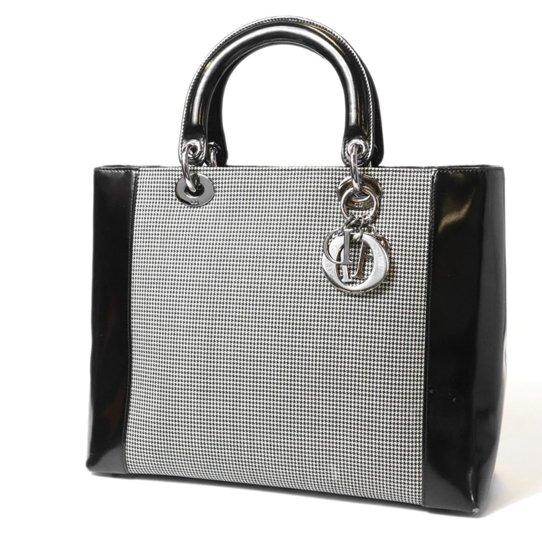 Christian Dior Dior Lady Canvas Patent Handbag, Black/Gray, Women's: --- Catalog ---Category: SizeSize (HxWxD): 24cm x 32cm x 11cm / 9.44'' x 12.59'' x 4.33''Category: DesignType: HandbagColor: BlackGender: WomenMaterial: Canvas , Leather Category: GeneralBrand: Christ