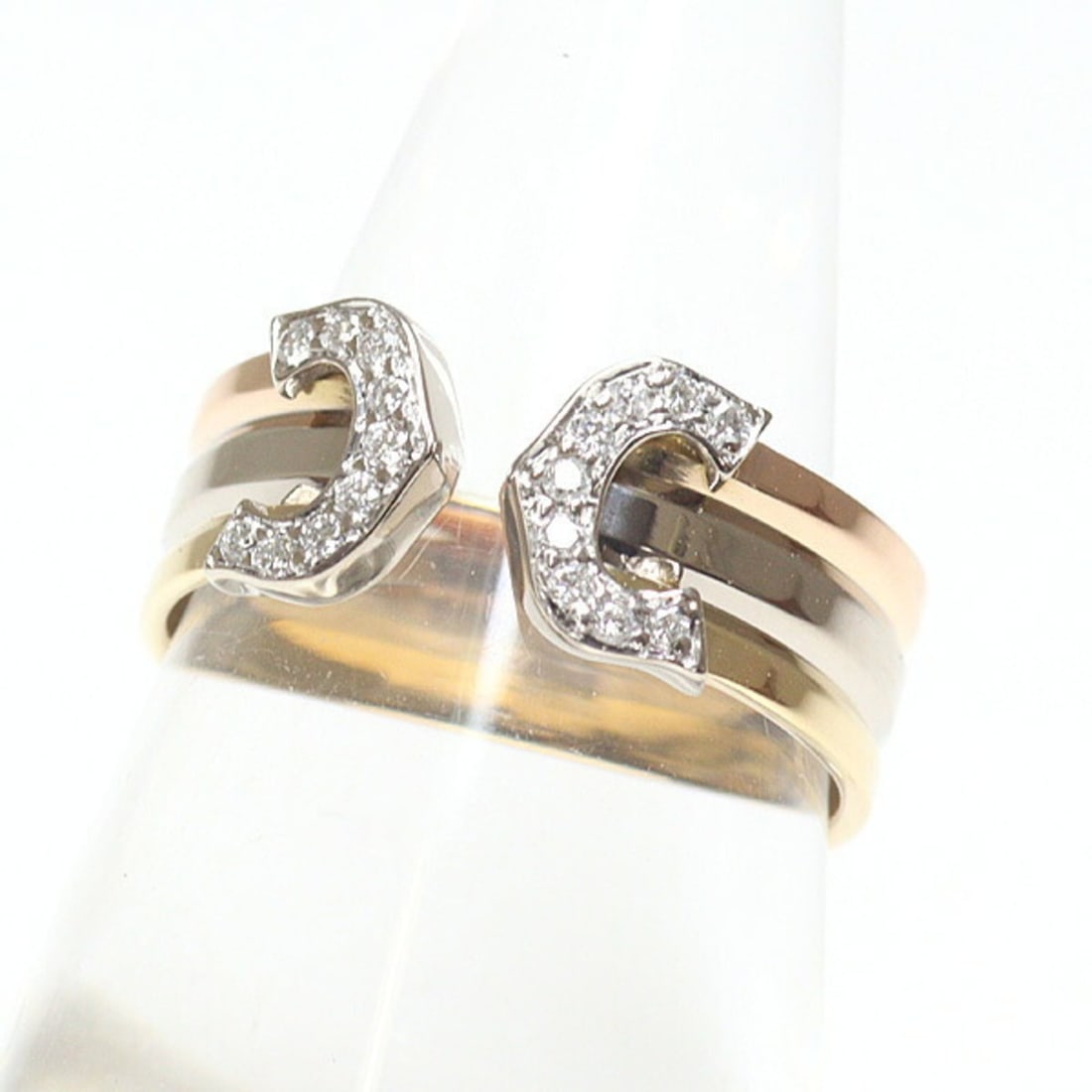 Cartier 2C Ring, Diamond, Three-Color Gold, Size #50 (Actual 9.5), 750YG/WG/PG, Refinished.