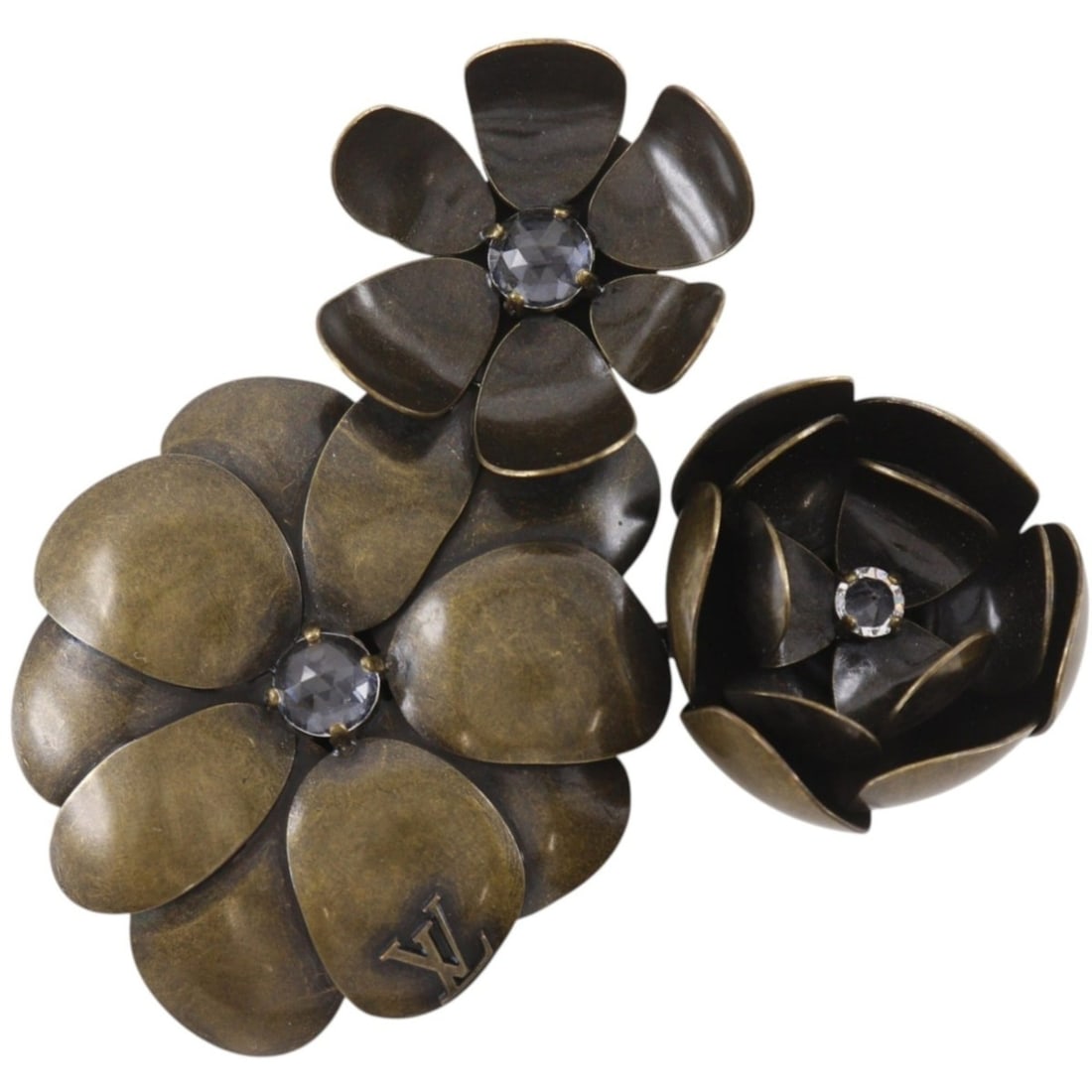 Louis Vuitton Crystal Flower Brooch, Gold Plated with Rhinestones, Bronze Flower, Approx. 36.4g,: --- Catalog ---Category: SizeCharm Size: 7.5cm x 8cm / 2.95'' x 3.15''Category: DesignType: BroochColor: BronzeGender: WomenMaterial: Bronze, RhinestoneCategory: GeneralBrand: Louis Vuitton--- Item Li