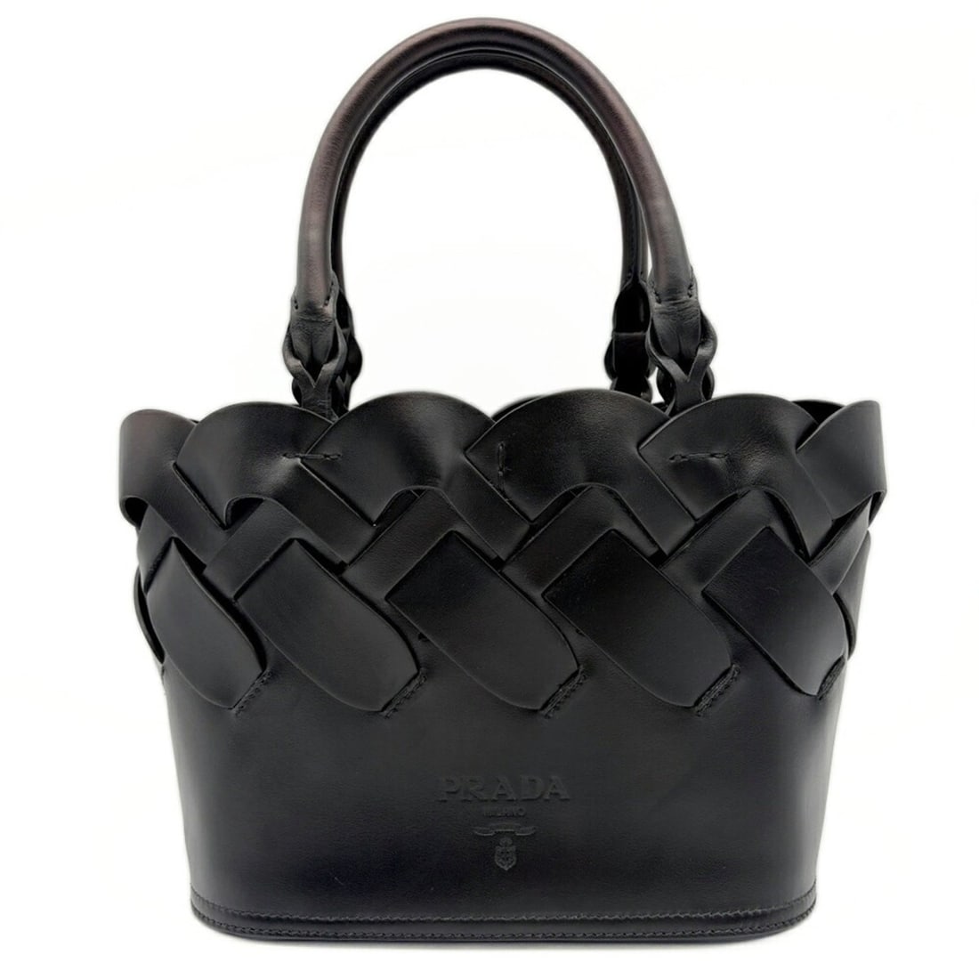 Prada PRADA Bag Tote Vitello Intrecciato Bucket 1BG318 Leather Black