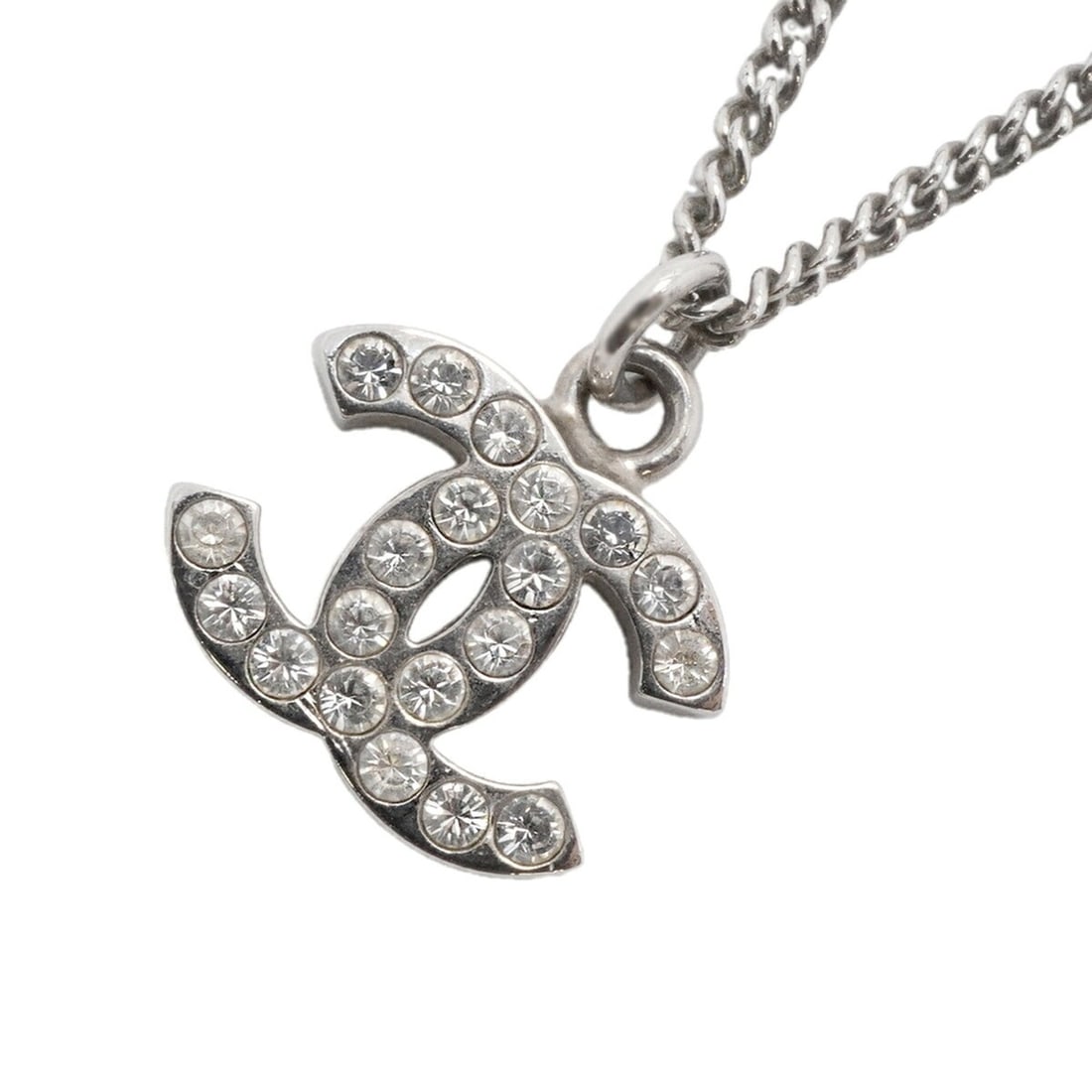Chanel Necklace, Coco Mark, Metal, Rhinestone, Silver, Women's