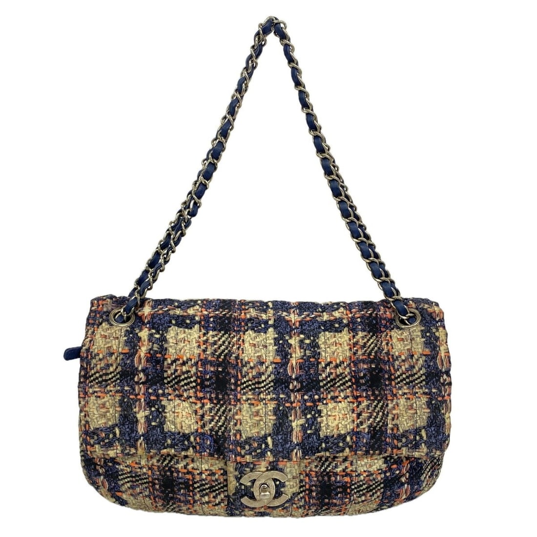 Chanel Shoulder Bag, Double Chain, Nylon, Navy, Beige, Pink, Women's, OP013956