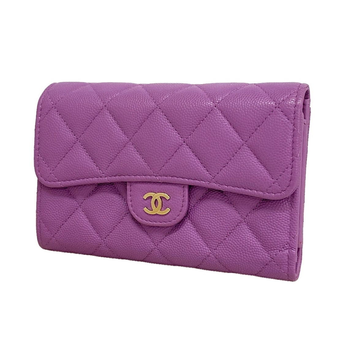 Chanel Tri-fold Wallet, Matelassé Caviar Leather, Purple, Women's, OP012274: --- Catalog ---Category: SizeSize (HxWxD): 10cm x 15cm x 2.5cm / 3.93'' x 5.9'' x 0.98''Category: DesignType: Wallet (tri-fold)Color: PurpleGender: WomenMaterial: Grained Calfskin Category: GeneralBra