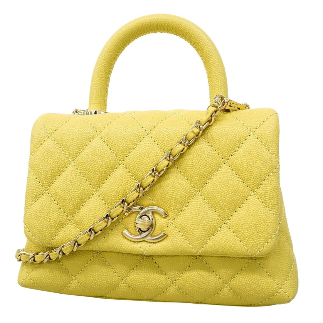 Chanel handbag, chain shoulder bag, Coco handle, caviar leather, yellow/champagne, 2-way bag for: --- Catalog ---Category: SizeSize (HxWxD): 13cm x 18cm x 9cm / 5.11'' x 7.08'' x 3.54''Category: DesignType: HandbagColor: YellowGender: WomenMaterial: Grained Calfskin Category: GeneralBrand: Chanel-