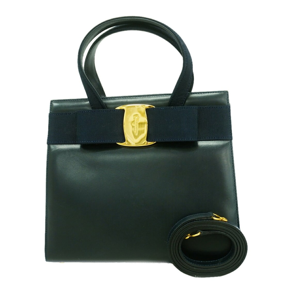 Salvatore Ferragamo Vara Leather Handbag, Navy, 2-way bag for women