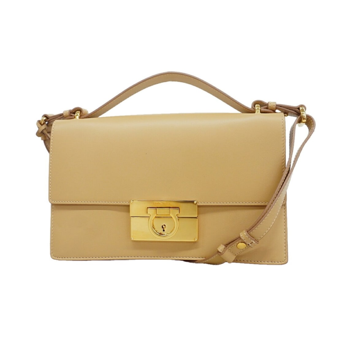 Salvatore Ferragamo Gancini Leather Handbag, Beige, 2-way Bag for Women