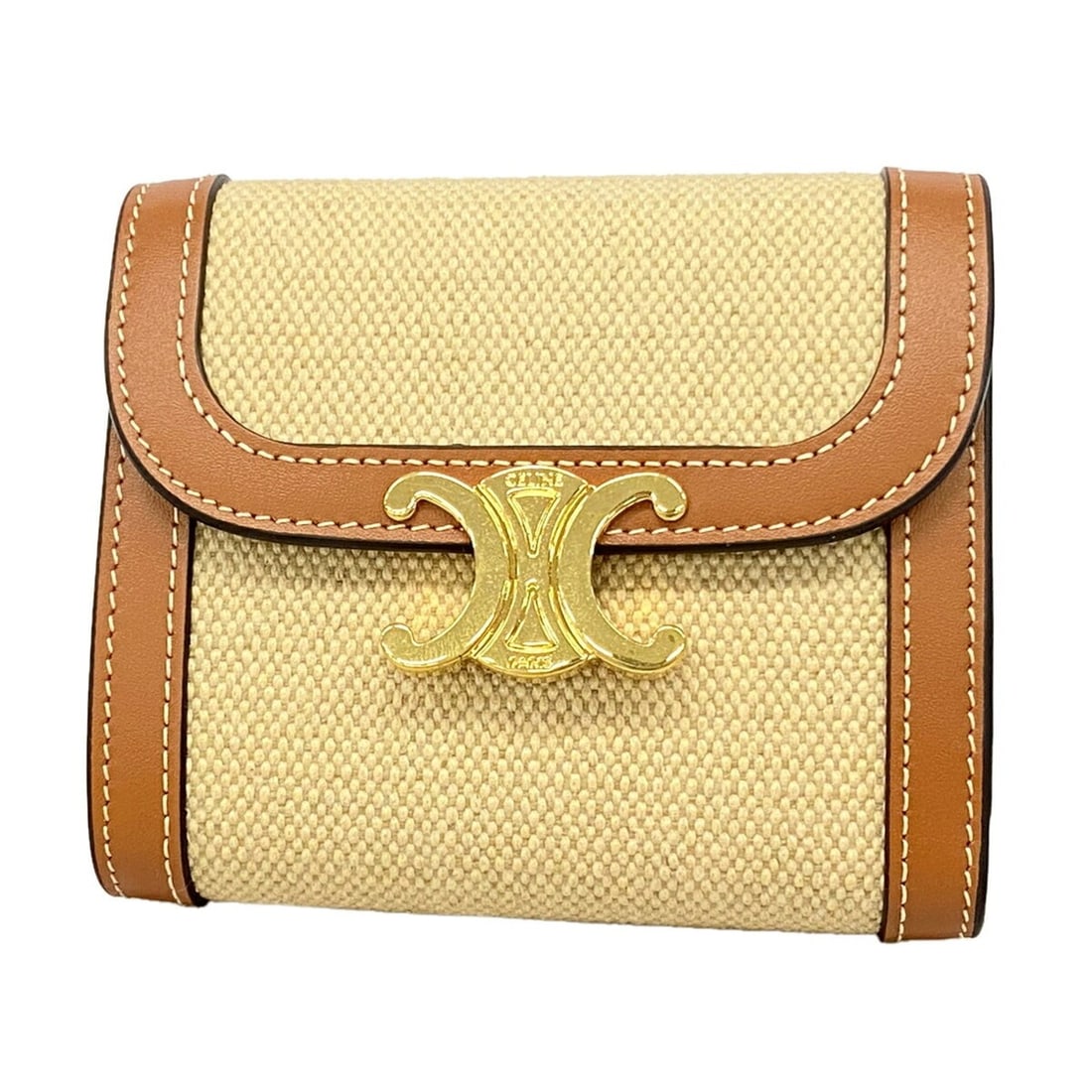 Celine Triomphe Tri-fold Wallet, Canvas and Leather, Beige Brown, Women's