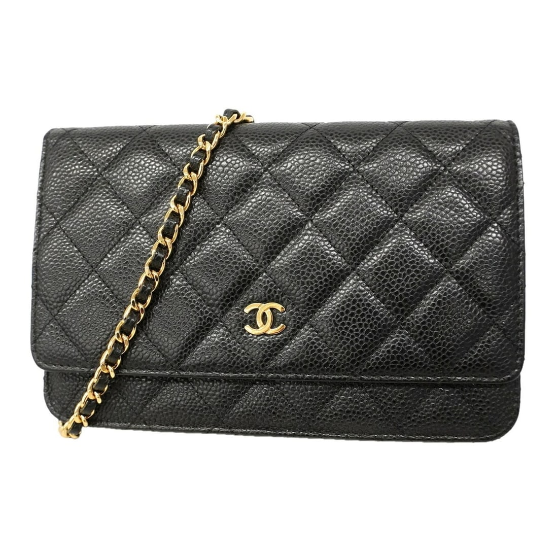 Chanel Matelassé Chain Shoulder Wallet, Caviar Leather, Black, Women's