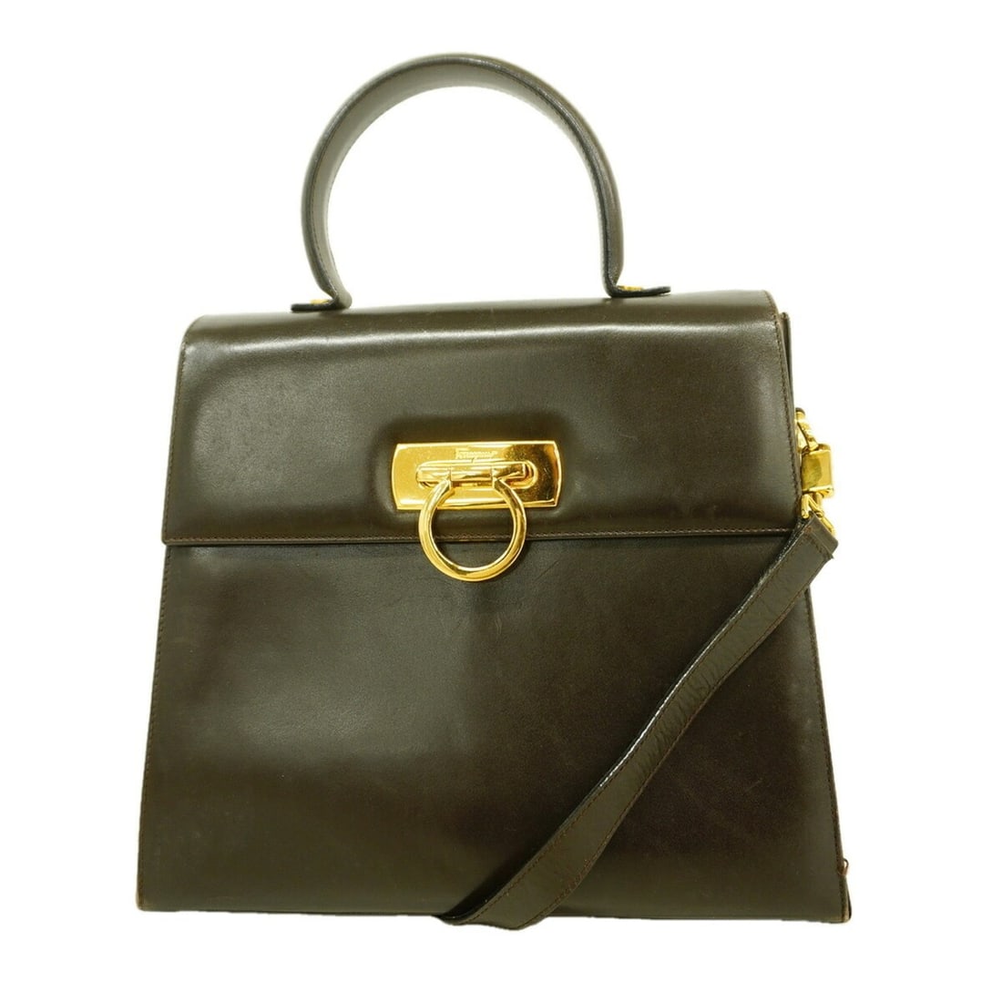 Salvatore Ferragamo Gancini Leather Handbag, Black, 2-way Bag for Women
