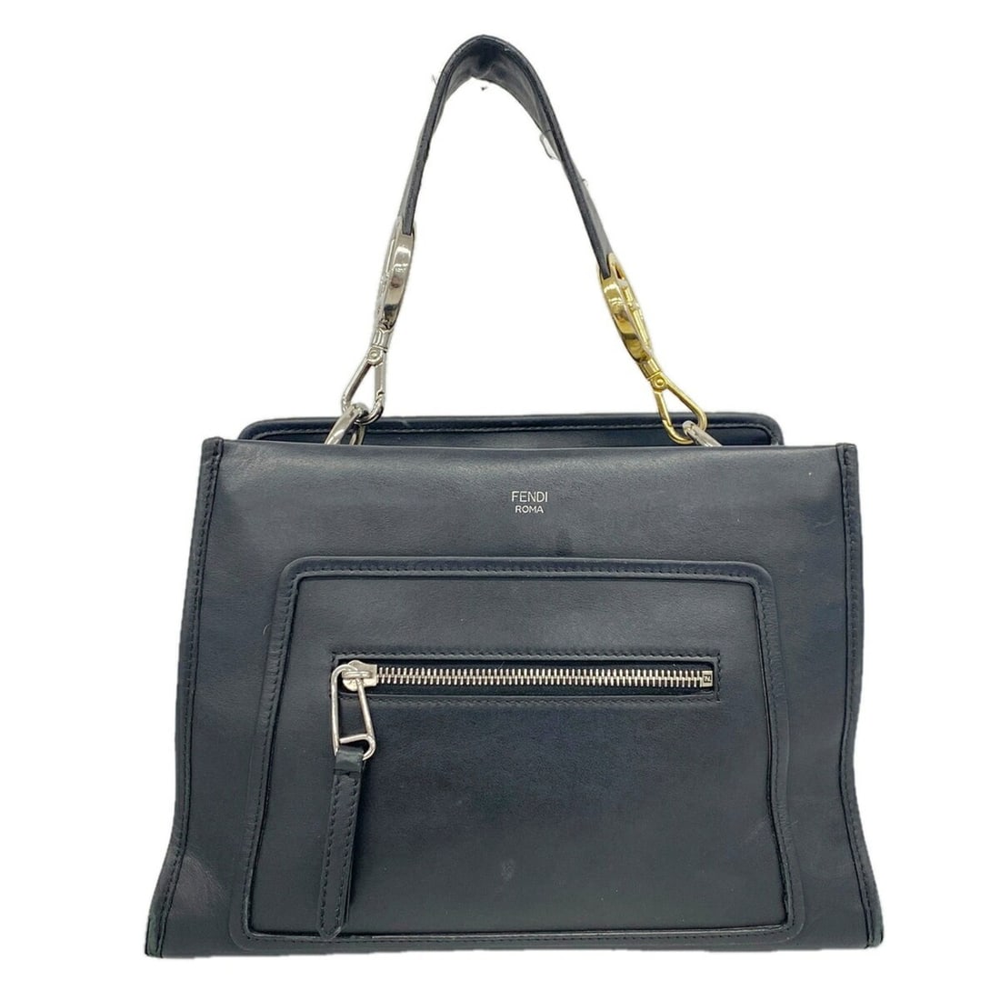 Fendi handbag, leather, black and gold, women's.: --- Catalog ---Category: SizeSize (HxWxD): 21cm x 29cm x 14cm / 8.26'' x 11.41'' x 5.51''Category: DesignType: HandbagColor: BlackGender: WomenMaterial: Leather Hardware Color: Gold, SilverCategory: G