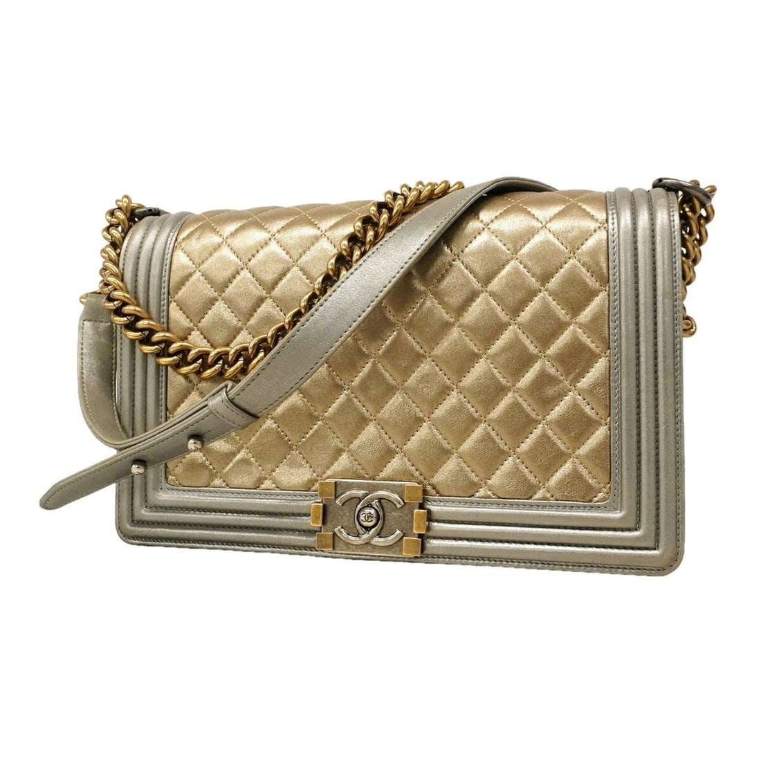 Chanel Boy Chain Shoulder Bag, Lambskin, Gold/Silver, Gold, Women's: --- Catalog ---Category: SizeSize (HxWxD): 18.5cm x 28cm x 8.5cm / 7.28'' x 11.02'' x 3.34''Category: DesignType: Shoulder bagColor: Gold, SilverGender: WomenMaterial: Leather Hardware Color: Gold, Si