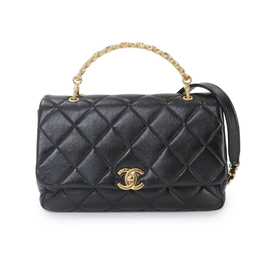 Chanel Matelasse 2-way Handbag/Shoulder Bag, Leather, Black, Gold Hardware: --- Catalog ---Category: SizeSize (HxWxD): 14.5cm x 23cm x 6cm / 5.7'' x 9.05'' x 2.36''Category: DesignType: HandbagColor: BlackGender: WomenMaterial: Leather Category: GeneralBrand: ChanelCountry of