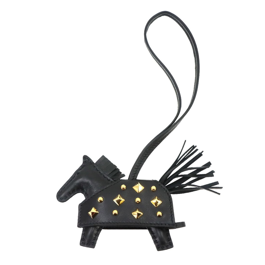 Hermes Rodeo Robeo Rock PM accessory bag charm, Agneau Milo Swift leather, black with gold studs, K