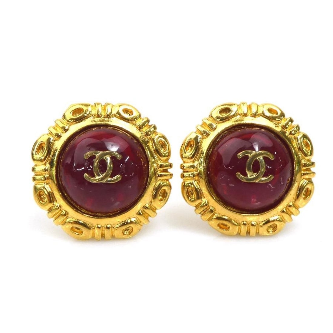 Chanel earrings, Coco Mark design, metal, glass stone, gold, dark red, women's, e62150a: --- Catalog ---Category: SizeSize (HxWxD): 30.00mm x 30.00mm / 1.18'' x 1.18''Category: DesignType: Clip earringsColor: Dark red, GoldGender: WomenMaterial: Glass, MetalCategory: GeneralBrand: ChanelC