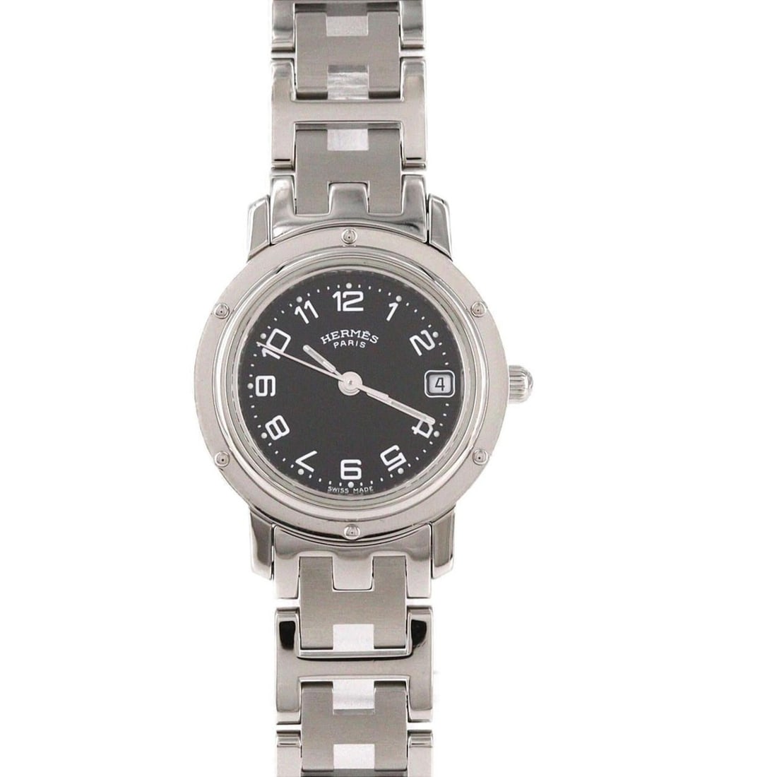 Hermes Clipper CL4.210 SS Quartz Watch: --- Catalog ---Category: SizeWrist Size: 16cm / 6.29''Case Diameter: 24mm / 0.94''Category: DesignType: WristwatchGender: WomenColor (Dial): BlackMaterial (Band): Stainless steelMaterial (Case): Stain