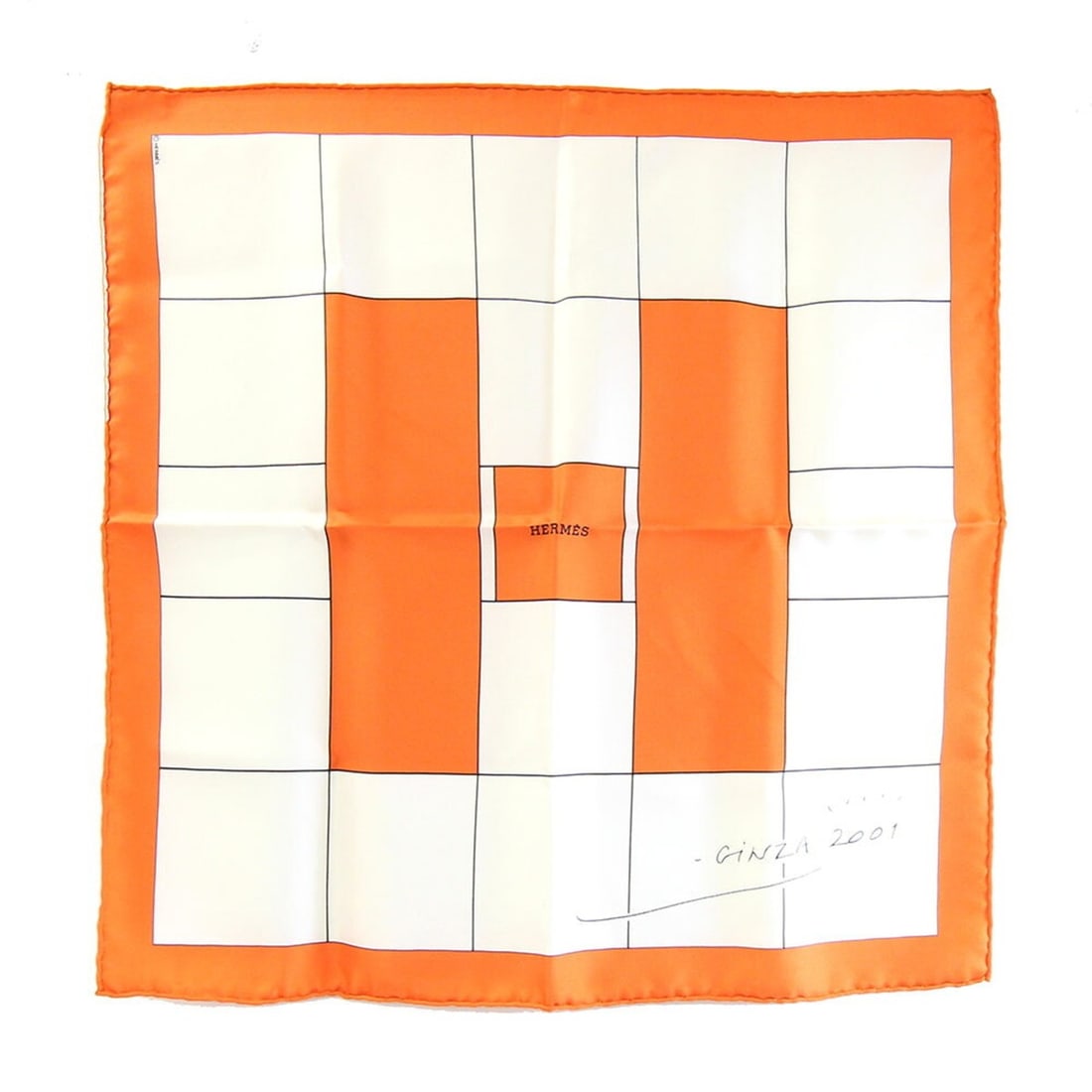 Hermes Scarf/Muffler, Carre 45, 2001 Ginza Store Commemorative Limited Edition, Orange/Ivory/White,: --- Catalog ---Category: SizeSize (LxW): 41.5cm x 42.5cm / 16.33'' x 16.73''Category: DesignType: ScarfColor: Ivory, Orange, WhiteGender: WomenMaterial: Silk Category: GeneralBrand: HermesCountry of O