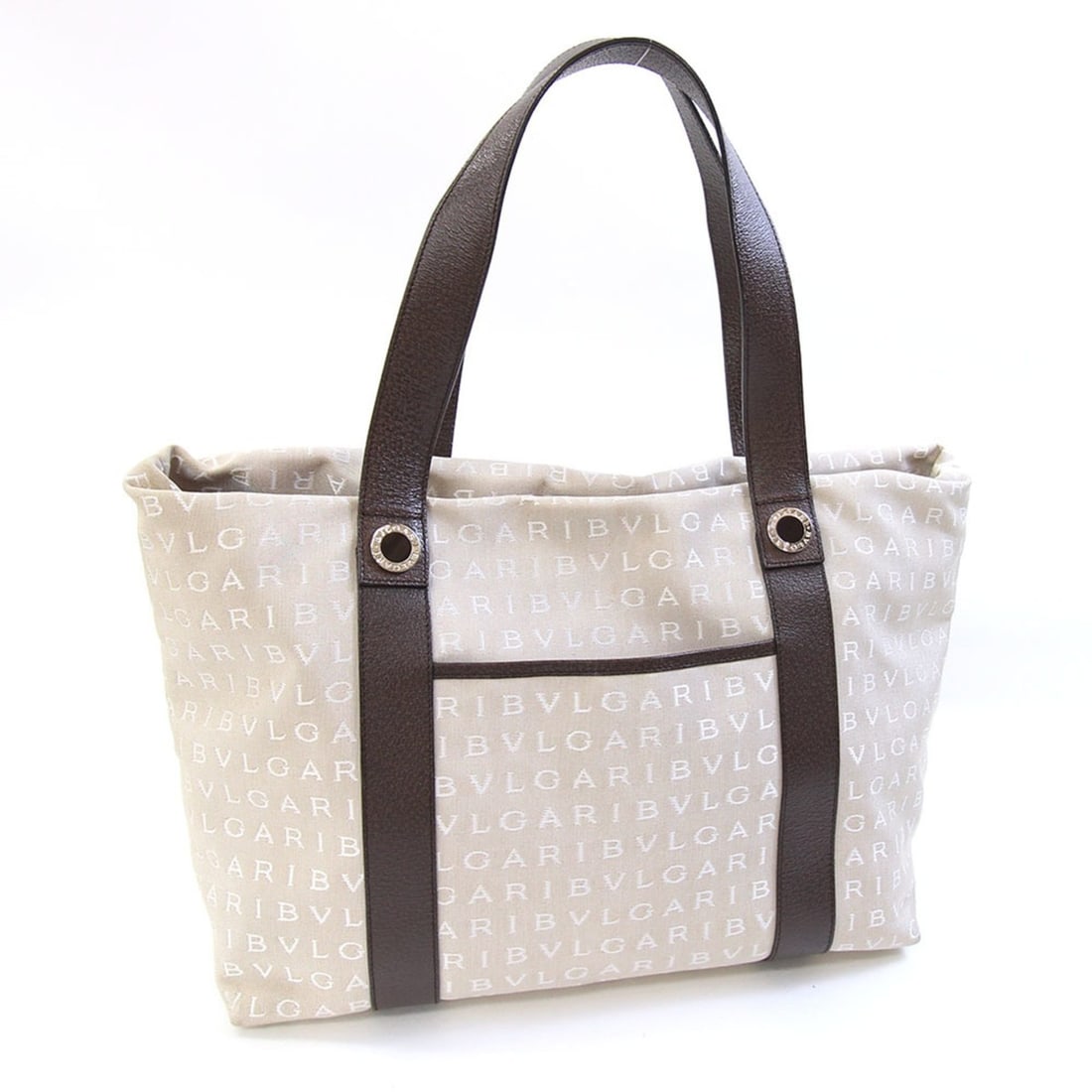 Bulgari Tote Bag Mania 22282 Beige Dark Brown Canvas Leather MAEMEA Handbag for Women BVLGARI