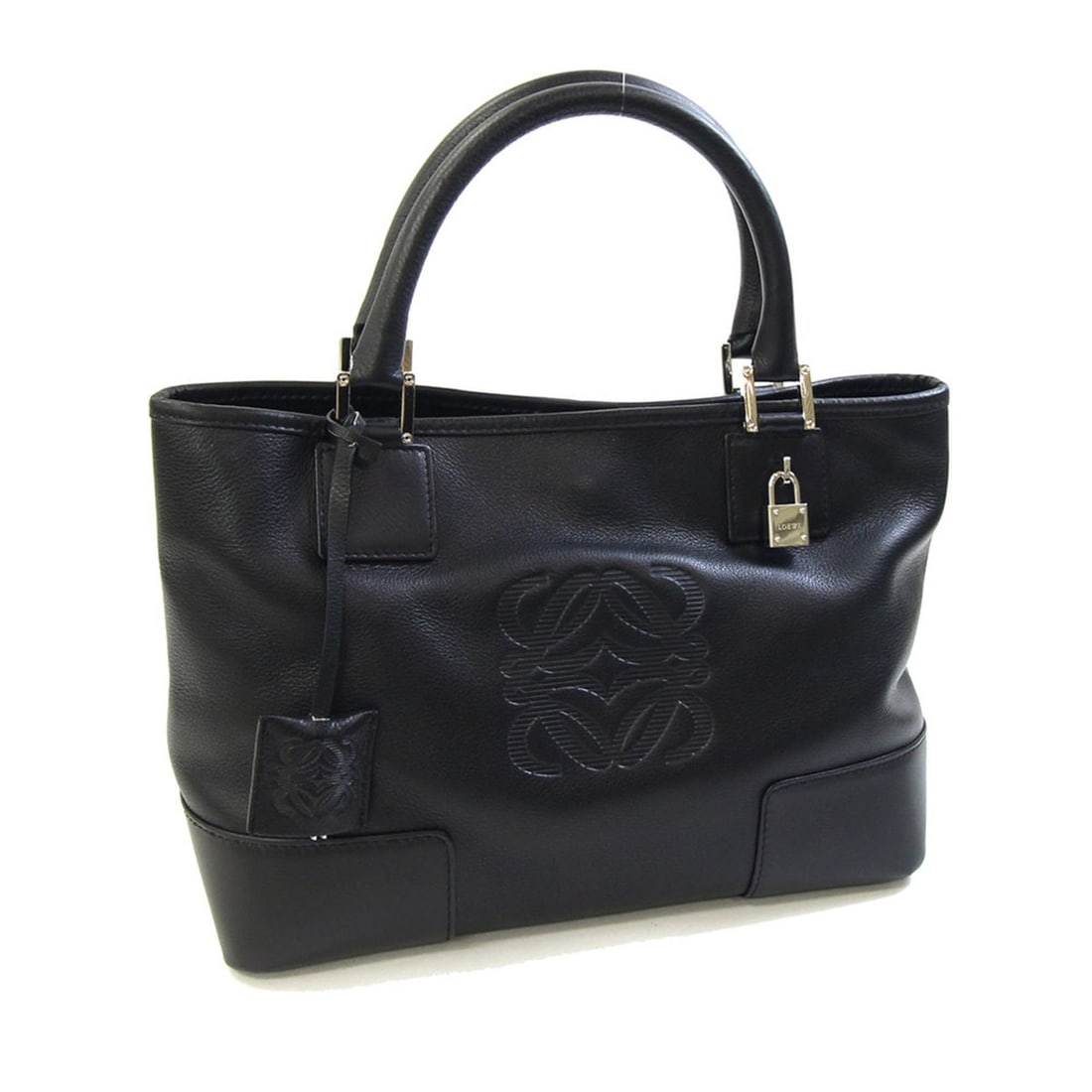 Loewe Fusta handbag, black leather, anagram pattern, women's hand tote bag.