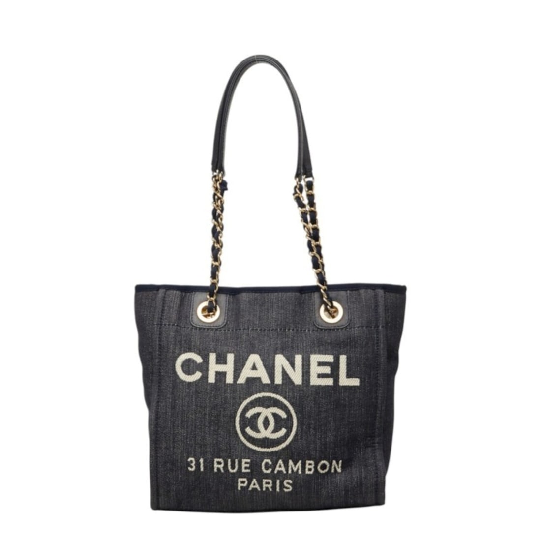 Chanel Coco Mark Deauville PM Chain Tote Bag Shoulder Navy Canvas Leather Women's CHANEL: --- Catalog ---Category: SizeSize (HxWxD): 25.5cm x 25cm x 10.5cm / 10.03'' x 9.84'' x 4.13''Category: DesignType: Shoulder bag, Tote bagColor: NavyGender: WomenMaterial: Canvas , Leather Category: Ge