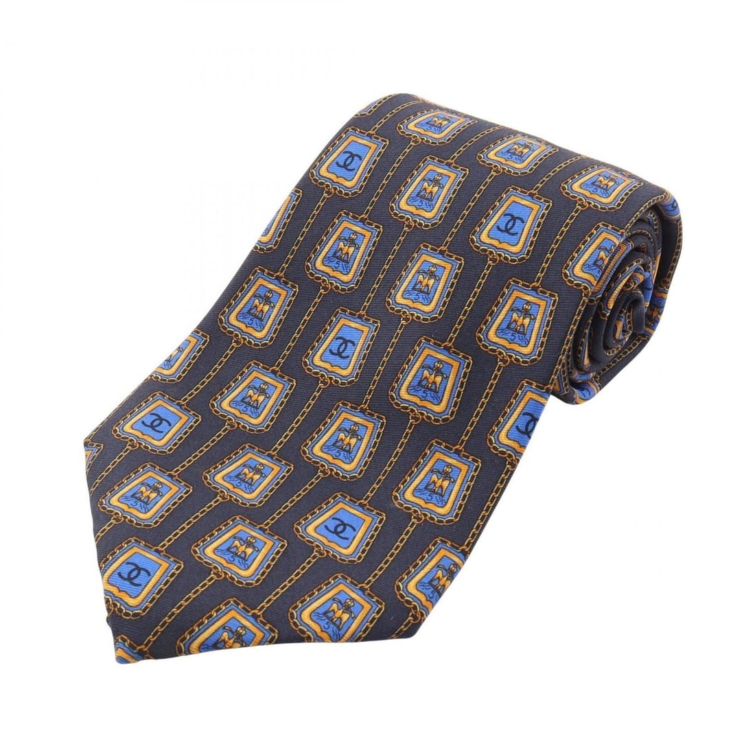 Chanel Coco Mark Chain Pattern Silk Tie for Men, Navy, Blue, Yellow: --- Catalog ---Category: SizeTotal Length: 146cm / 57.48''Category: DesignType: CravatColor: Blue, Navy, YellowGender: MenMaterial: Silk Category: GeneralBrand: Chanel--- Item List ---Section: Conditi