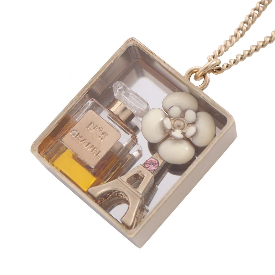 Chanel No. 5 Camellia Necklace, Gold Plated Jewelry, Women's, Tone: --- Catalog ---Category: SizePendant Size: 23mm x 21mm / 0.9'' x 0.82''Neck Circumference: 41 cm - 60 cm / 16.14'' - 23.62''Category: DesignColor: GoldGender: WomenMaterial: Gold platingNecklace Type: