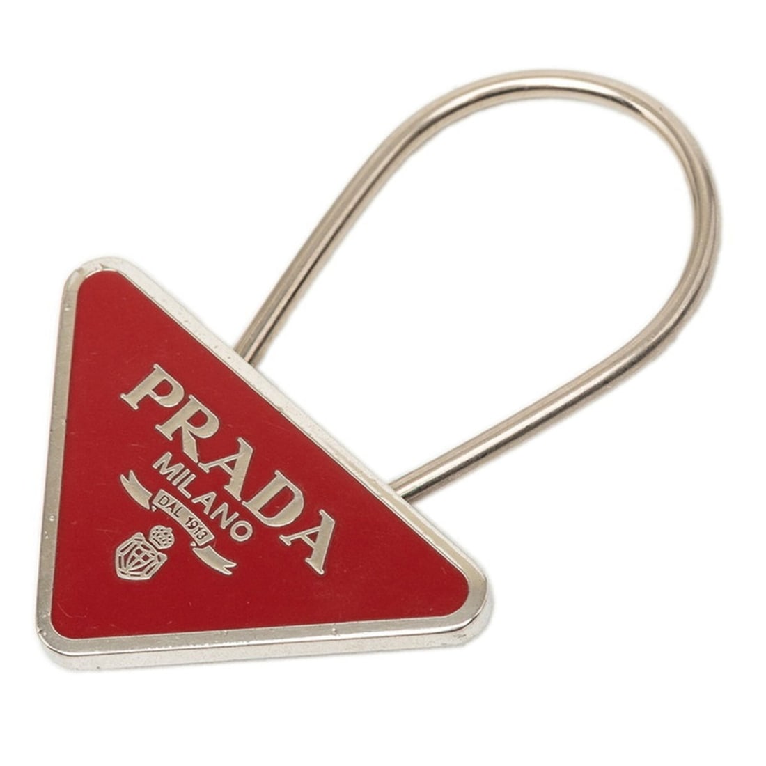 Prada Triangle Logo Plate Keyring Keychain Charm Red Silver Metal Women's PRADA