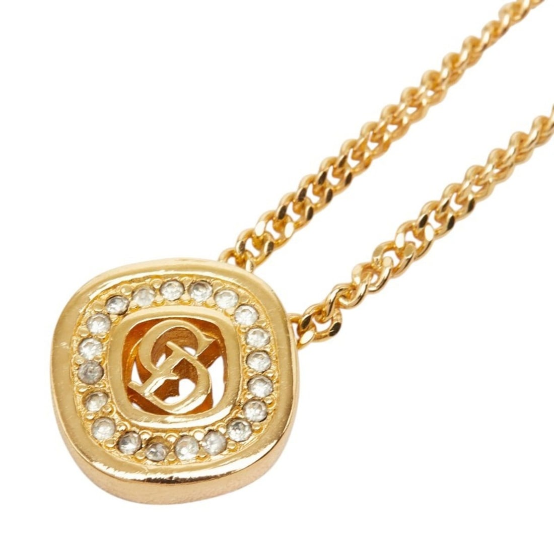 Christian Dior Dior CD Logo Square Chain Pendant Necklace, Gold Plated Rhinestone, Women's.
