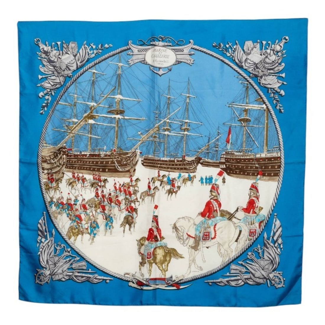 Hermes Carre 90 MARINE ET CAVALERIE (Sea and Cavalry) Scarf/Muffler, Blue Multicolor Silk, Women's: --- Catalog ---Category: SizeSize (LxW): 87cm x 88cm / 34.25'' x 34.64''Category: DesignType: ScarfColor: Blue, Multi-colorGender: WomenMaterial: Silk Category: GeneralBrand: Hermes--- Item List ---Se