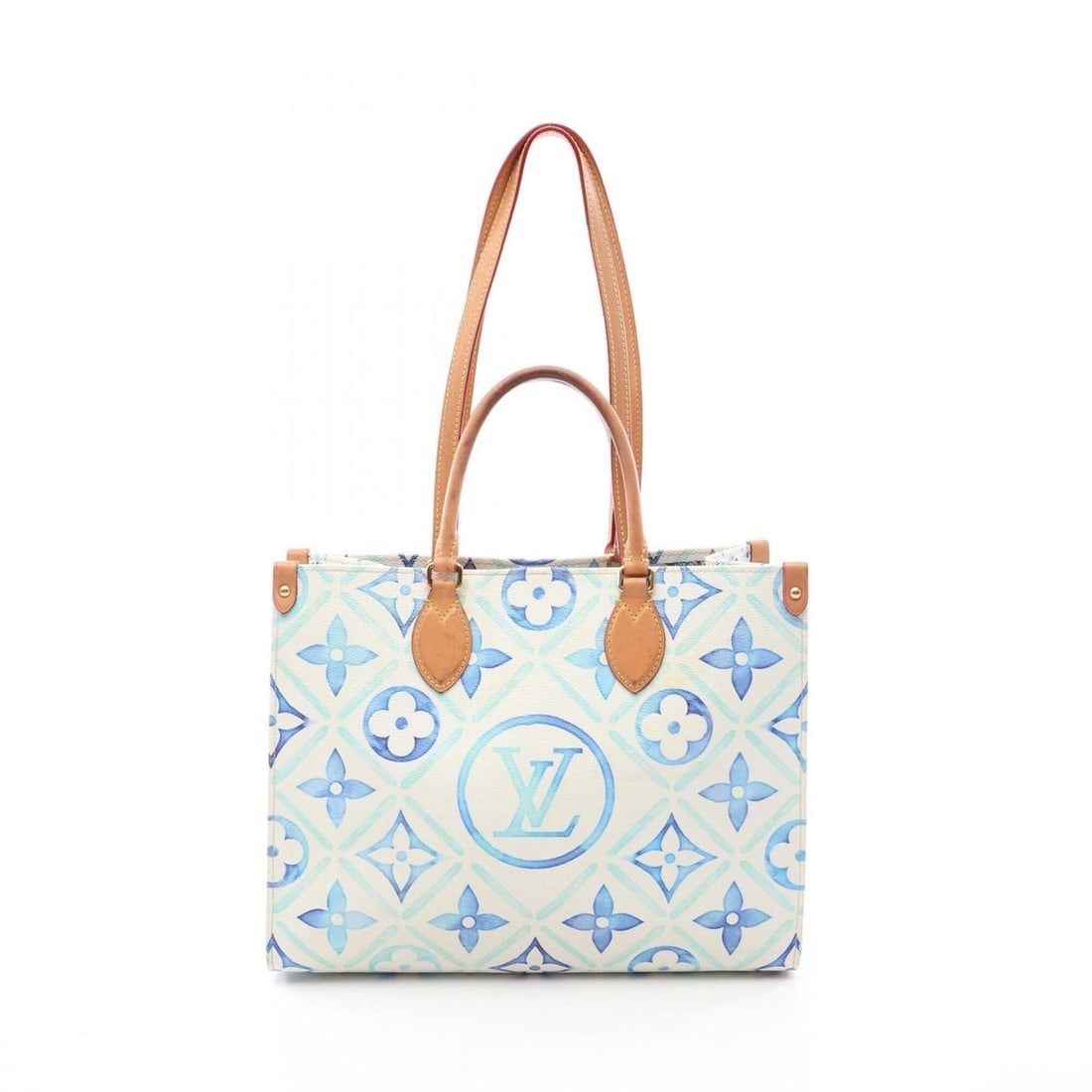 Louis Vuitton OnTheGo MM 2-Way Tote Bag/Handbag, Coated Canvas and Leather, Monogram Tile, Women's,: --- Catalog ---Category: SizeSize (HxWxD): 27cm x 34.5cm x 14cm / 10.62'' x 13.58'' x 5.51''Category: DesignType: Handbag, Tote bagColor: Blue, Multi-color, WhiteGender: WomenMaterial: Coated canvas ,