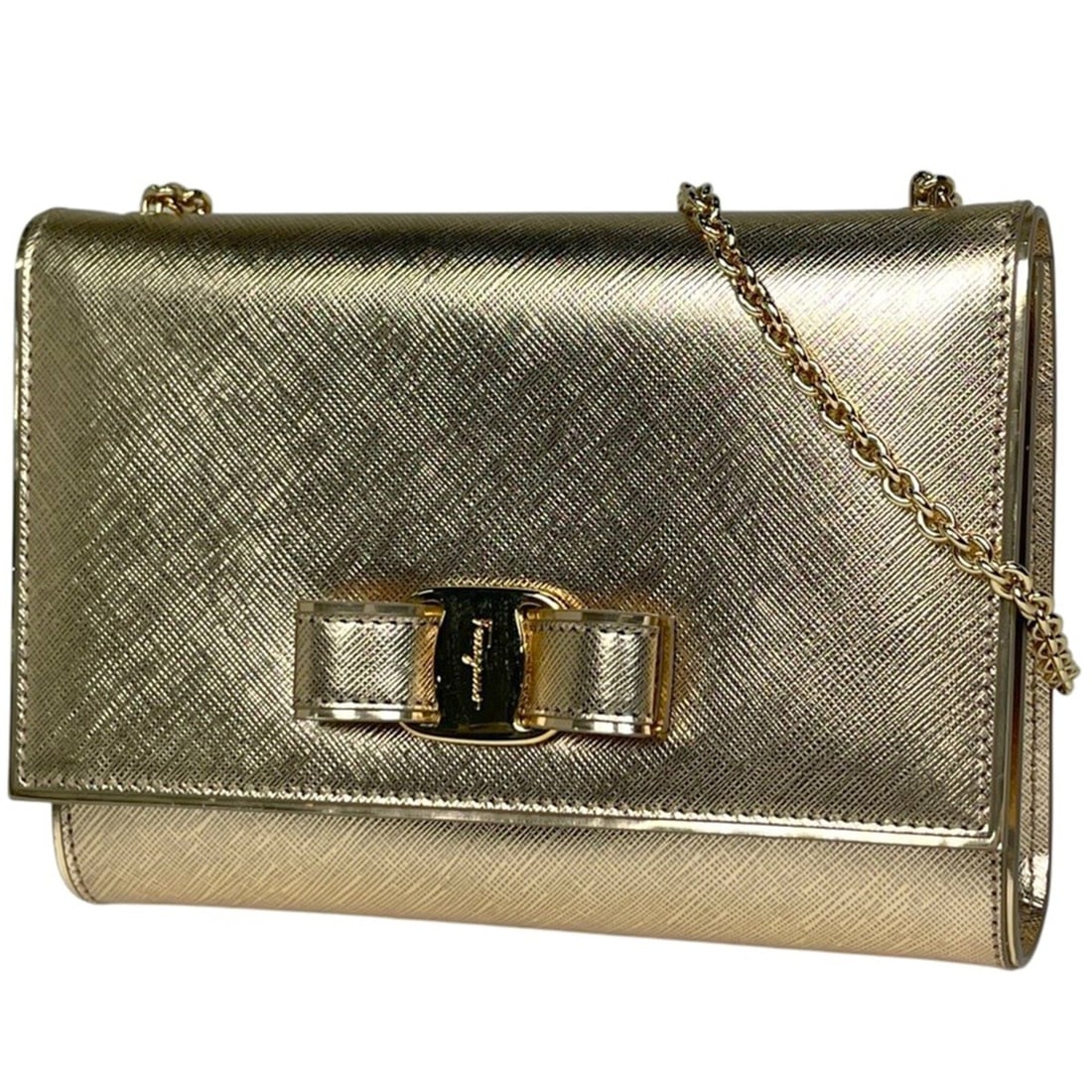 Salvatore Ferragamo Vara Ribbon Chain Shoulder Bag, Leather, Gold, C264, Women's