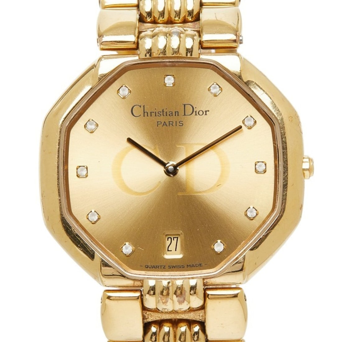 Dior Depose Octagon Watch 45 154 Quartz Gold Dial Stainless Steel Rhinestone Women's