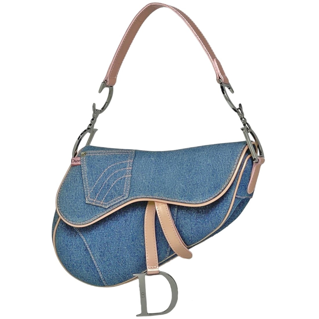 Christian Dior Saddle Bag Shoulder Denim Blue Pink Women's