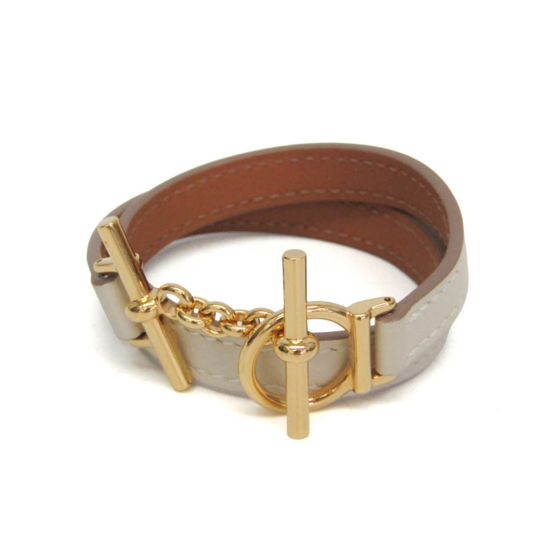 Hermes Croisière Double Tour Metal,Swift Leather Wrap Bracelet Off-white,Yellow Gold