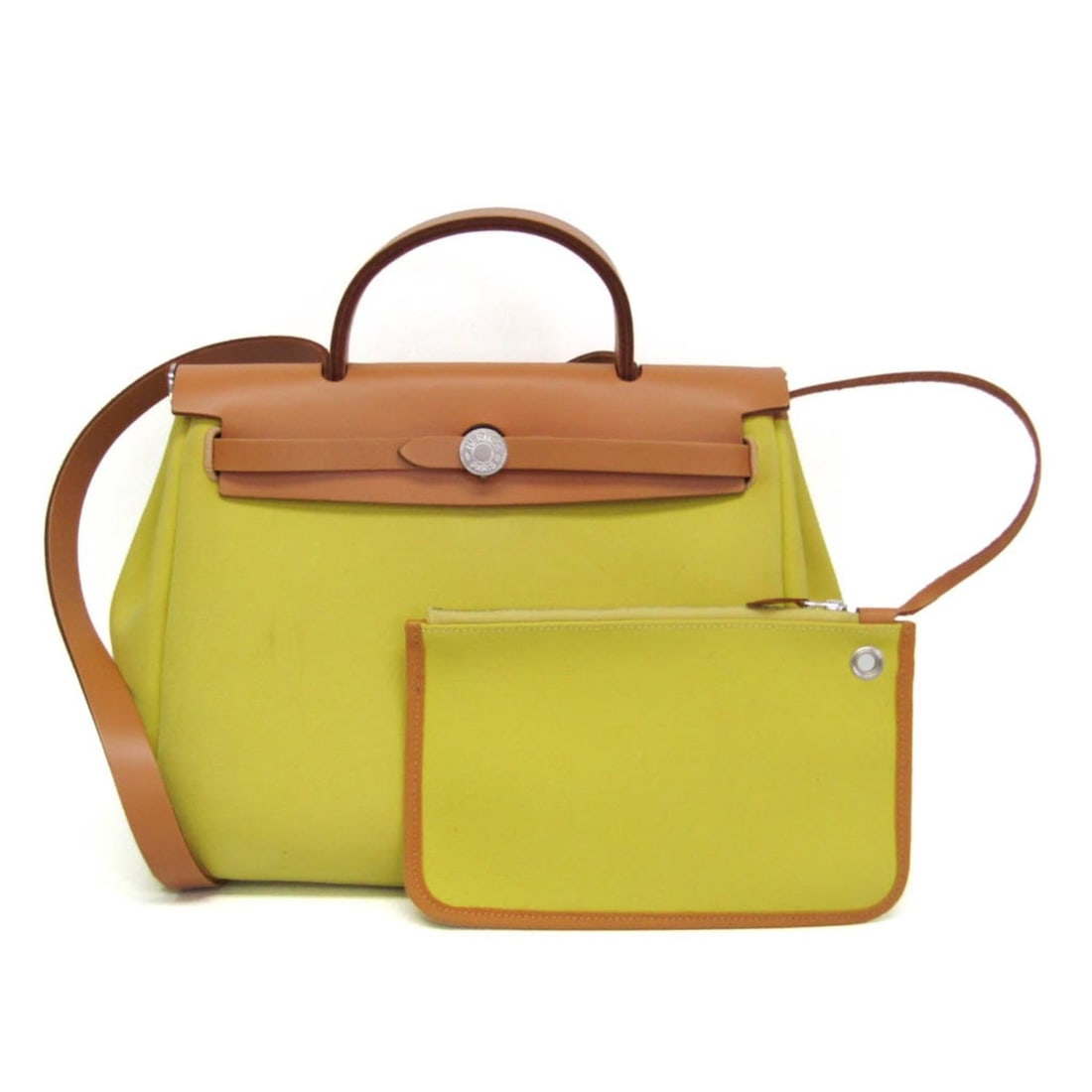 Hermes Her Bag Zip PM Men,Women Toile Officier,Leather Handbag,Shoulder Bag Light Beige,Lime Yellow