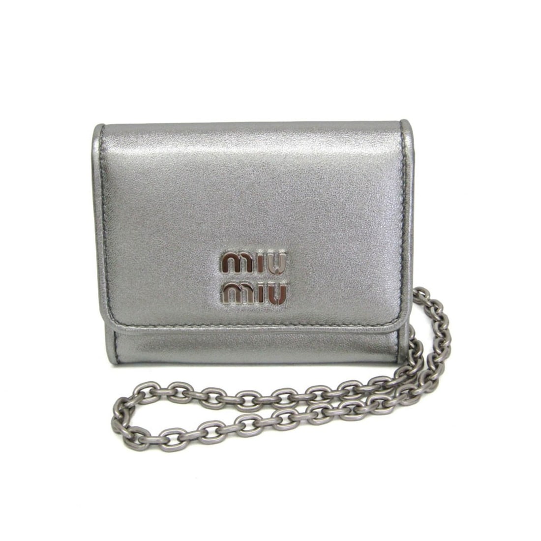 Miu Miu Chain Strap Coin And Card Case 5MR030 Leather Card Case Silver