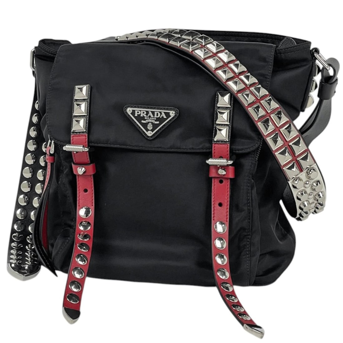 Prada PRADA Shoulder Bag, Logo Plate, Studs, Nylon, Nero (Black), Women's