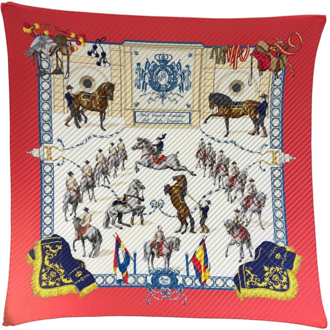 Hermes Carre 90 Real Escuela Andaluza Del Arte Ecuestre Scarf/Muffler, Royal Equestrian School of: --- Catalog ---Category: SizeSize (LxW): 88cm x 89cm / 34.64'' x 35.03''Category: DesignType: ScarfColor: Multi-color, Red colorGender: WomenMaterial: Silk Category: GeneralBrand: Hermes--- Item List 