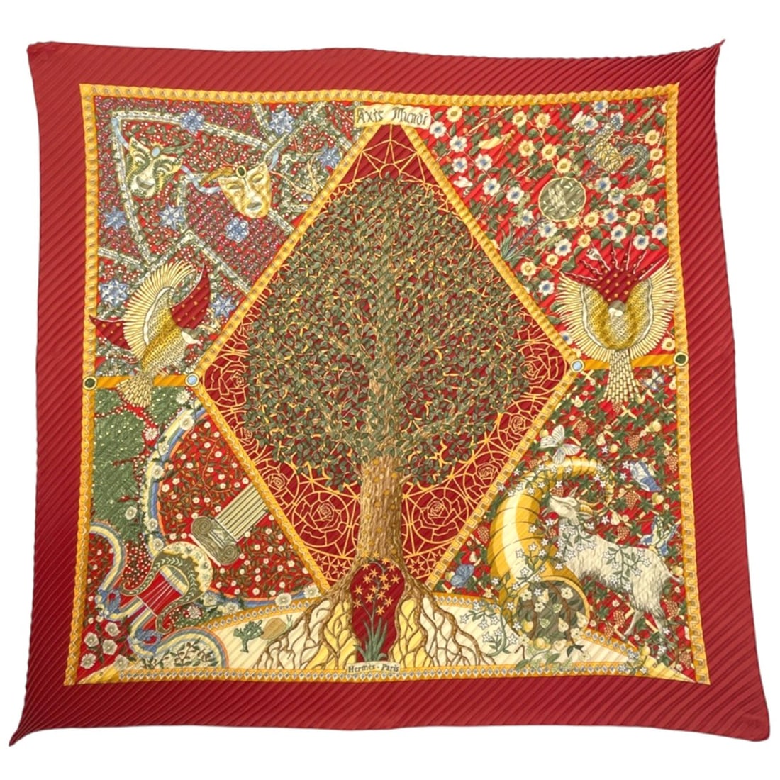 Hermes HERMES Carre 90 Axis Mundi Scarf Muffler - The central axis of the world Pleated Silk Red: --- Catalog ---Category: SizeSize (LxW): 88.5cm x 90cm / 34.84'' x 35.43''Category: DesignType: ScarfColor: Multi-color, Red colorGender: WomenMaterial: Silk Category: GeneralBrand: Hermes--- Item Lis